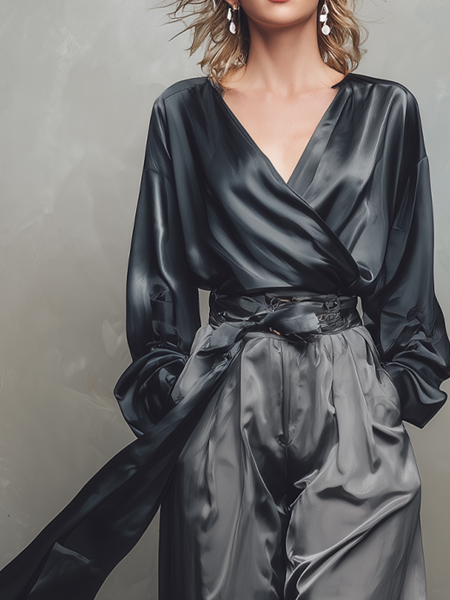 Retro Crossover Neck Blouse And Wide Leg Pants Set