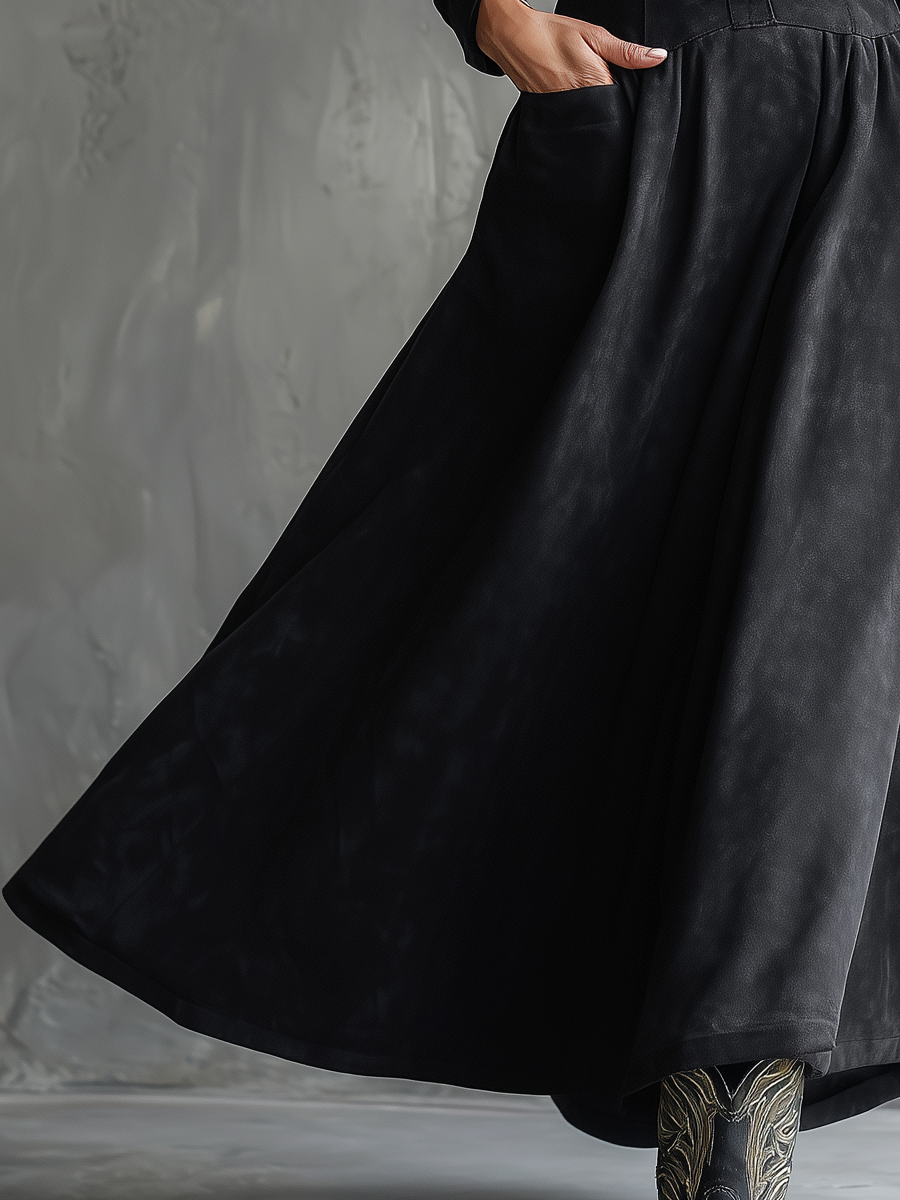 Vintage Button Long-sleeved Suede Midi Dress