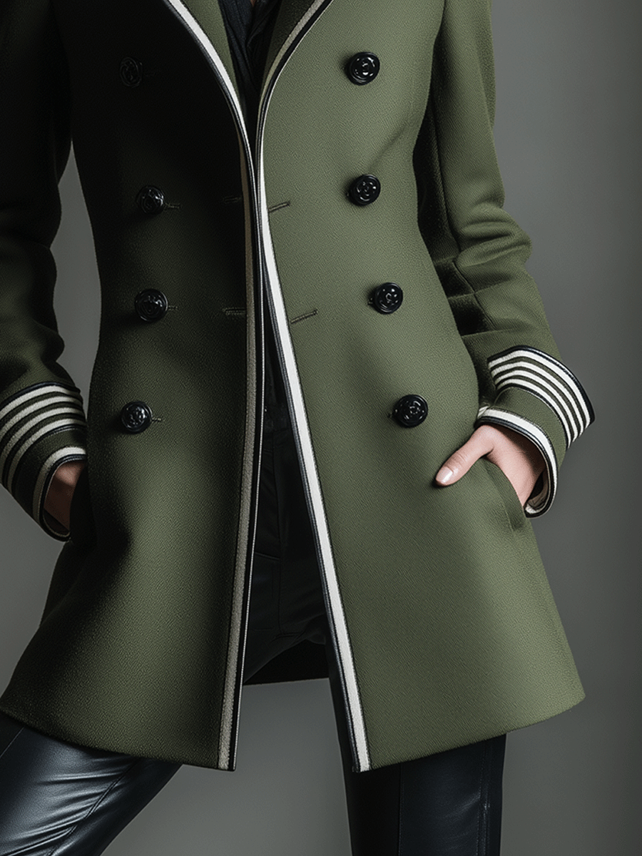 Tailored Double-Breasted White Piping Detail Coat