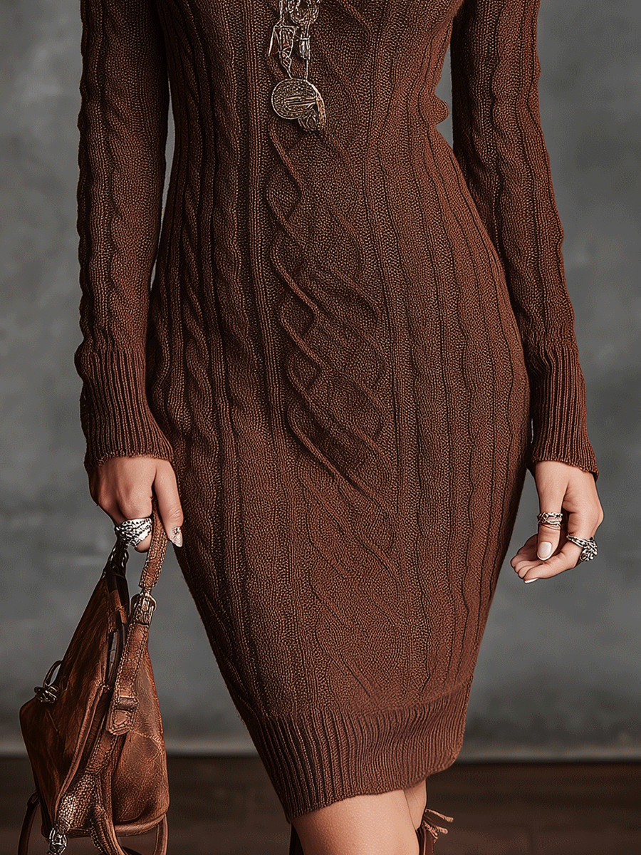 Retro Brown Cable Knit Turtleneck Bodycon Mini Dress