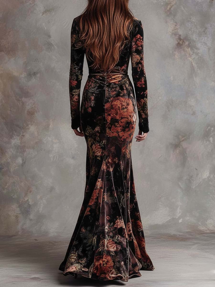 Floral Print Velvet Mermaid Maxi Dress