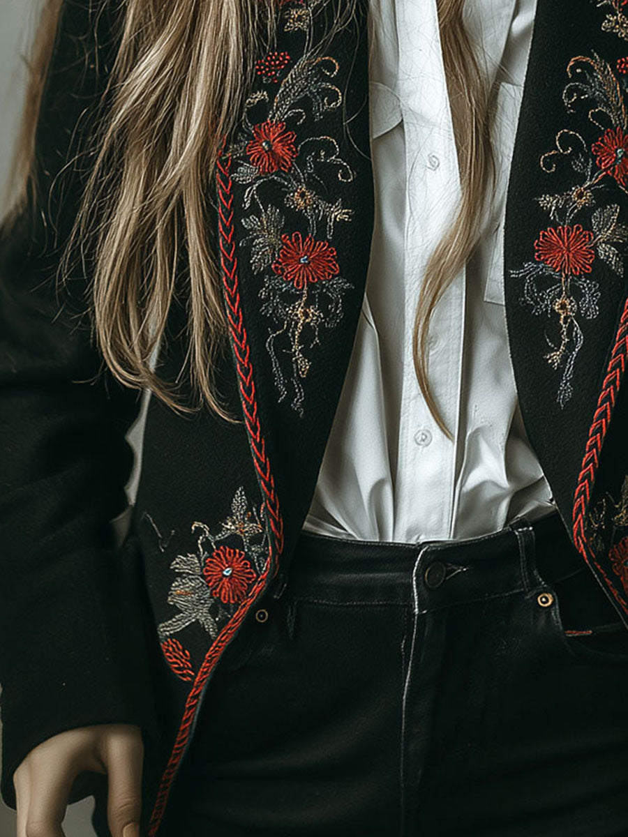 Vintage Boho Black Floral Embroidered Suit Blazer