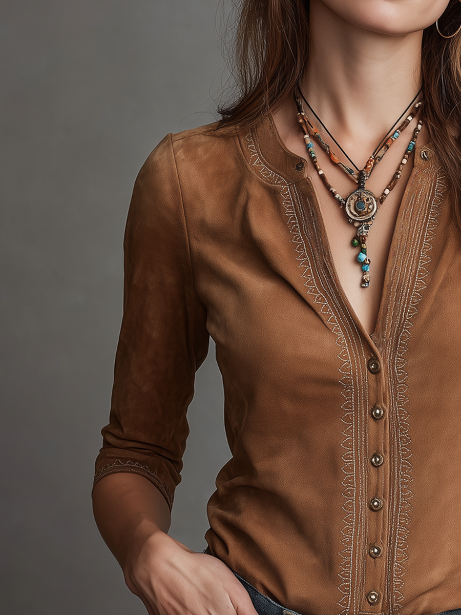Vintage Embroidered Trim Suede Blouse