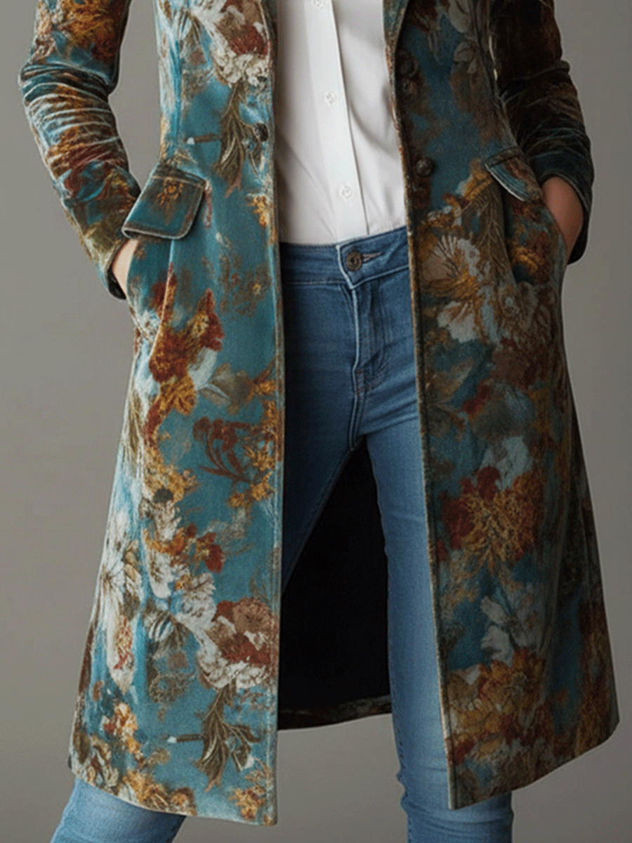 Vintage Floral Jacquard Velvet Teal Coat