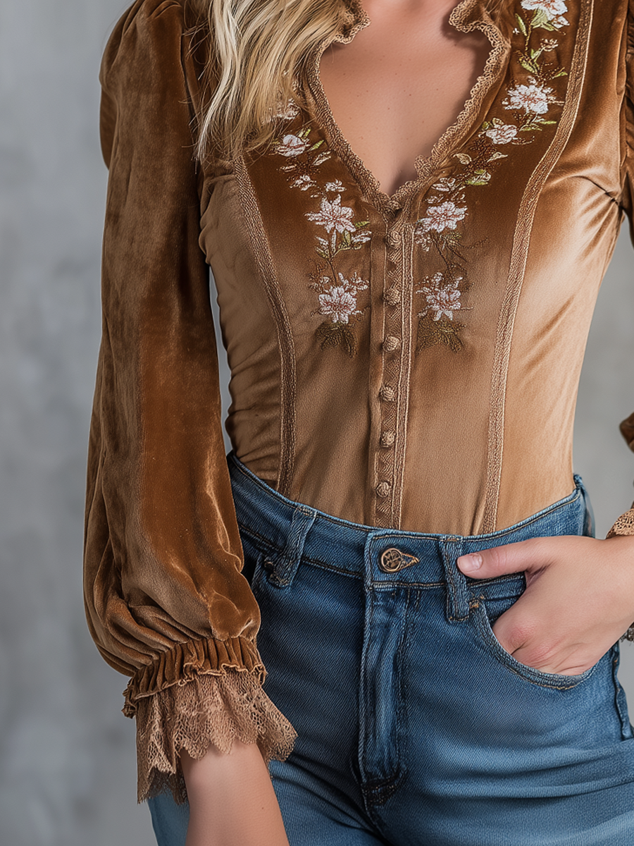 Vintage Embroidered Lace Velvet Blouse