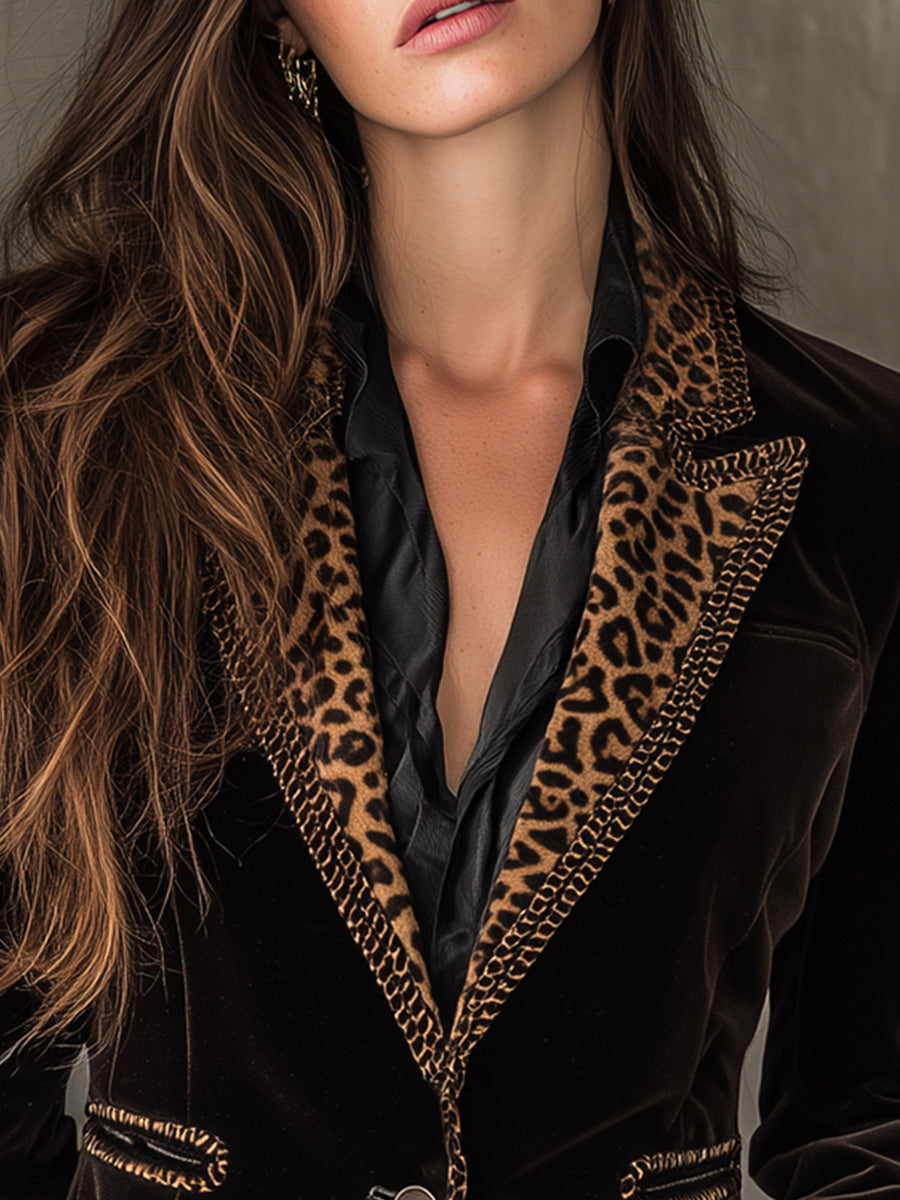 Luxe Vintage Tailored Leopard Print Trim Black Velvet Blazer
