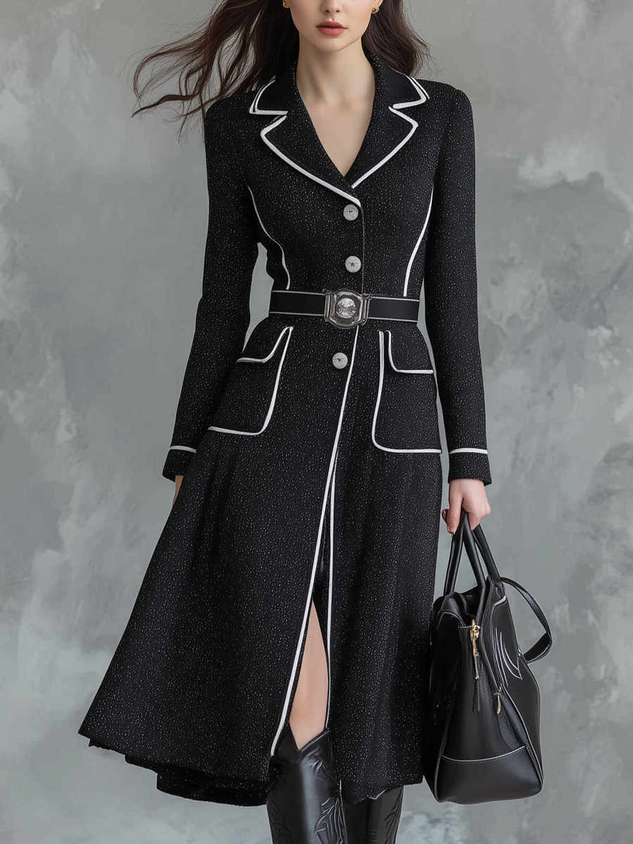 Retro Lapel Contrast Trim Knitted Midi Dress