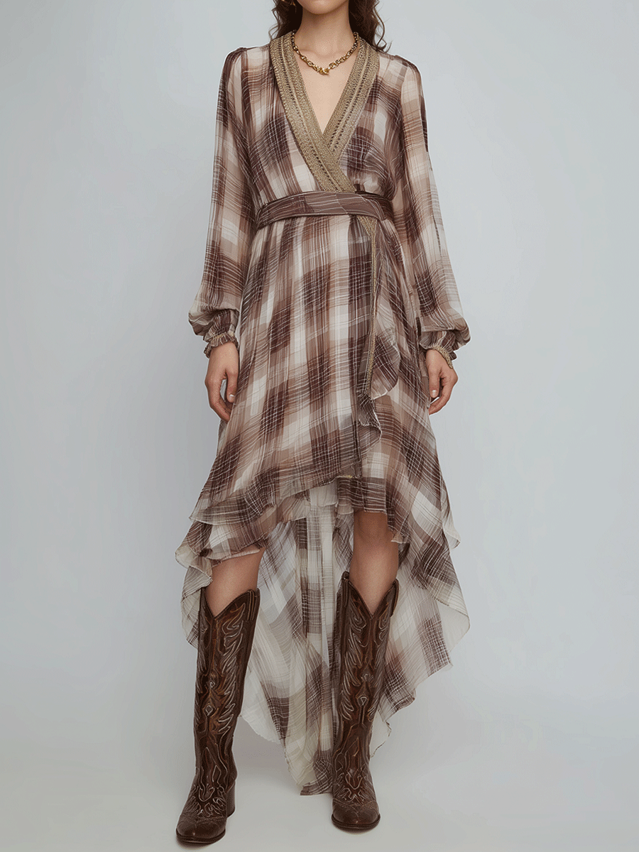 Romantic Soft Plaid Ruffle Chiffon Maxi Dress