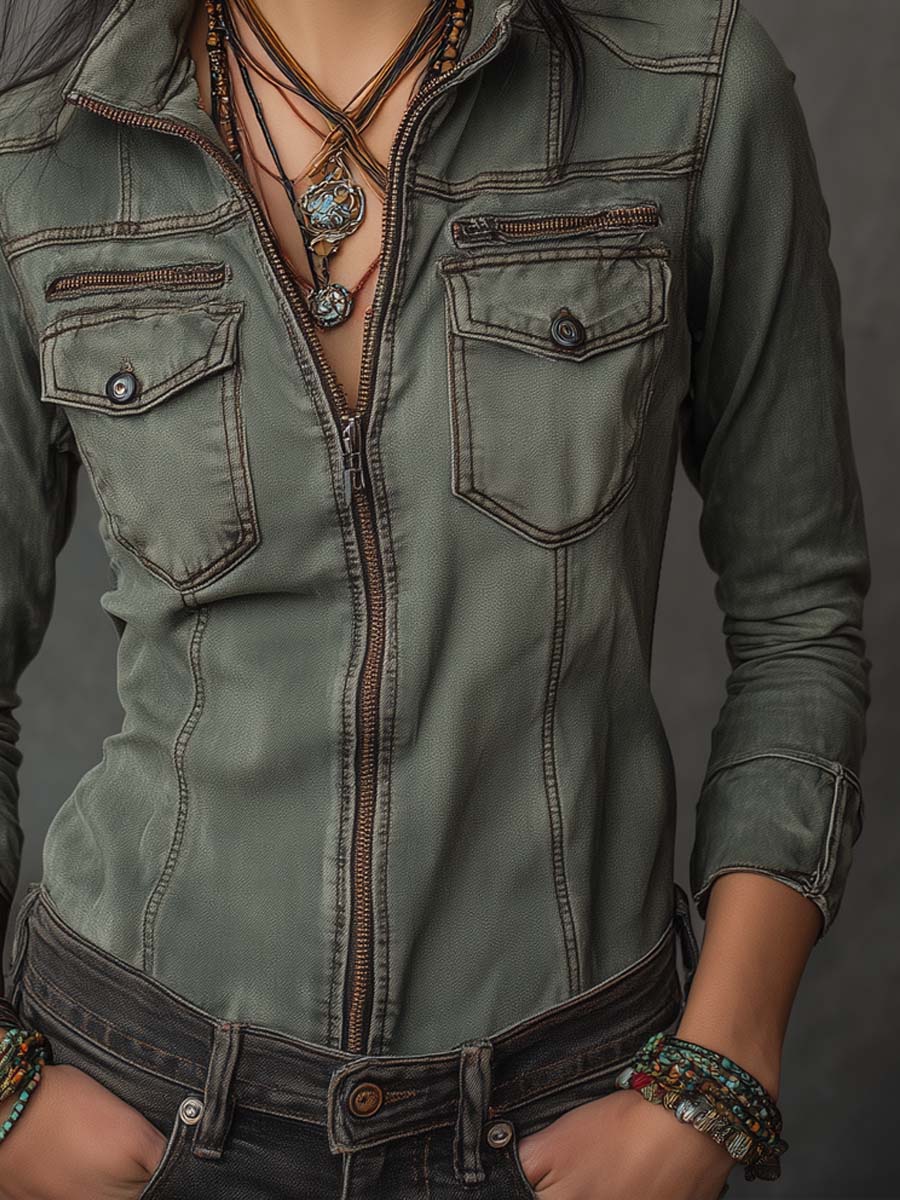 Retro Washed Contrast Zipper Denim Blouse