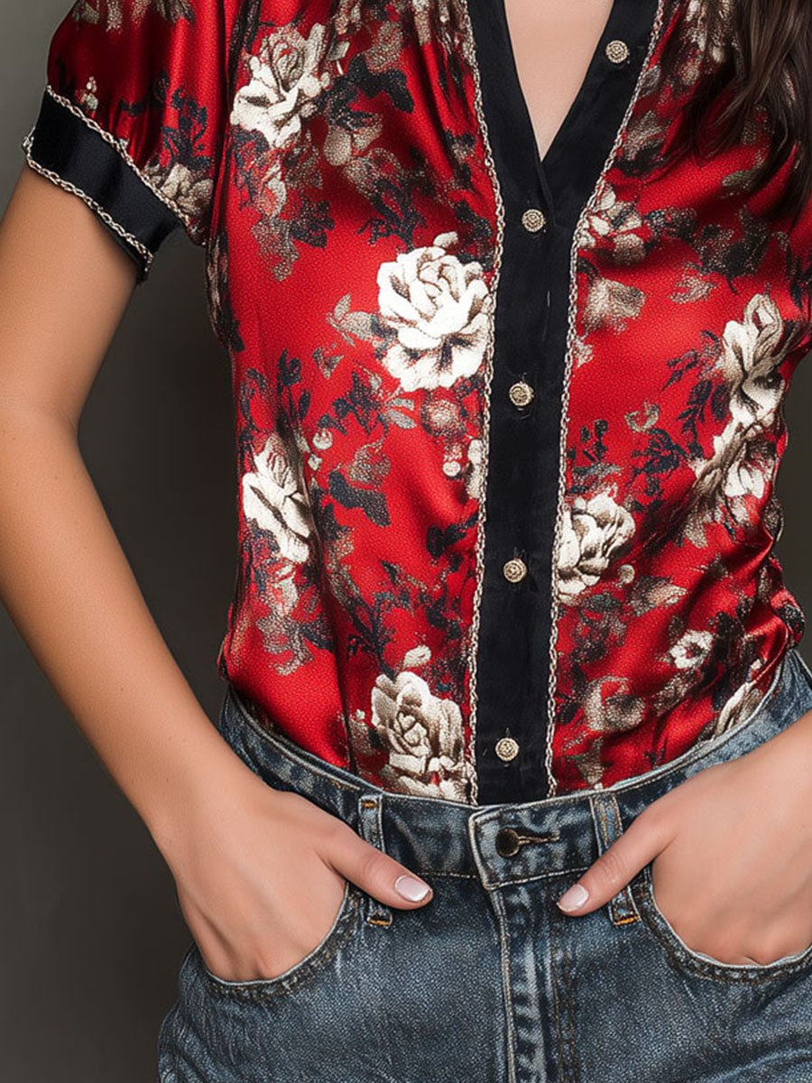 Vintage Red Floral Print Satin Blouse With Contrast Trim