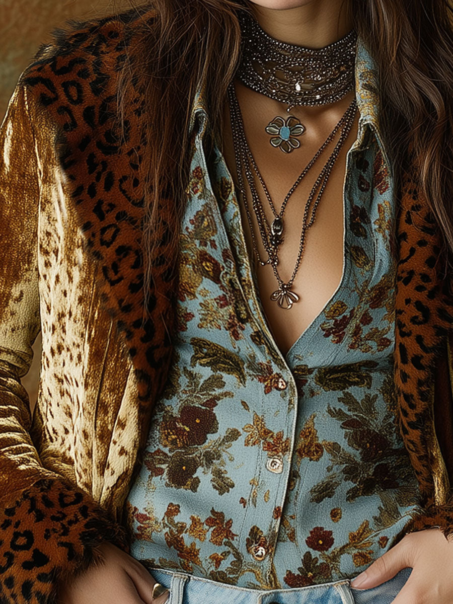 Retro Gold Velvet Leopard Print Stitching Blazer