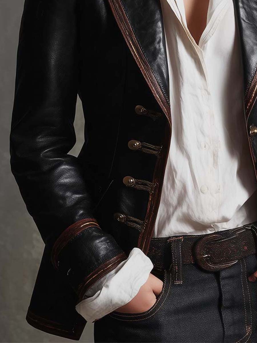 Black Eco-Leather Military-Inspired Blazer