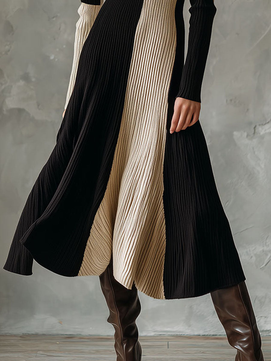 High Neck Color Block Ribbed Knit Fit-and-Flare Midi Dress