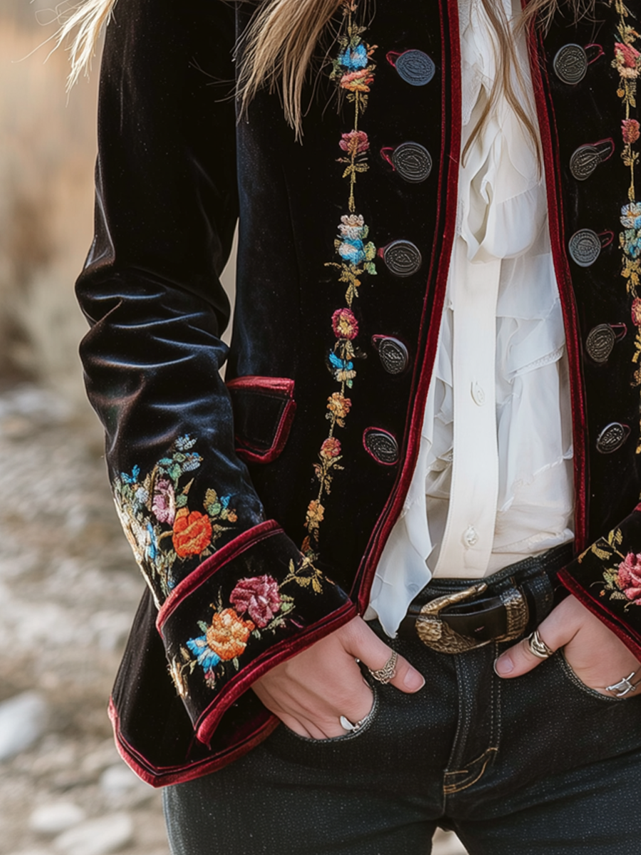 Vintage Floral Embroidered Velvet Blazer