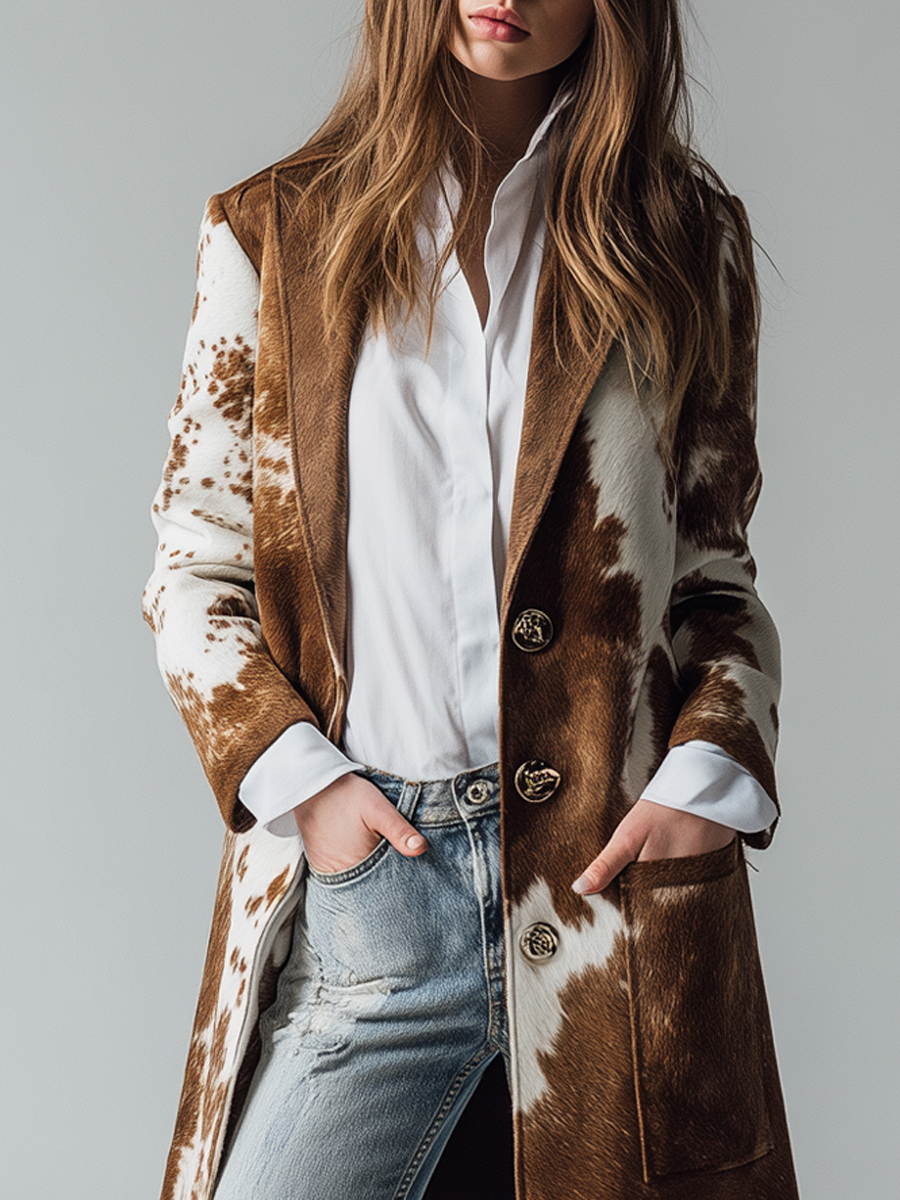 Vintage Cow Skin Printed Eco-friendly Suede Long Jacket