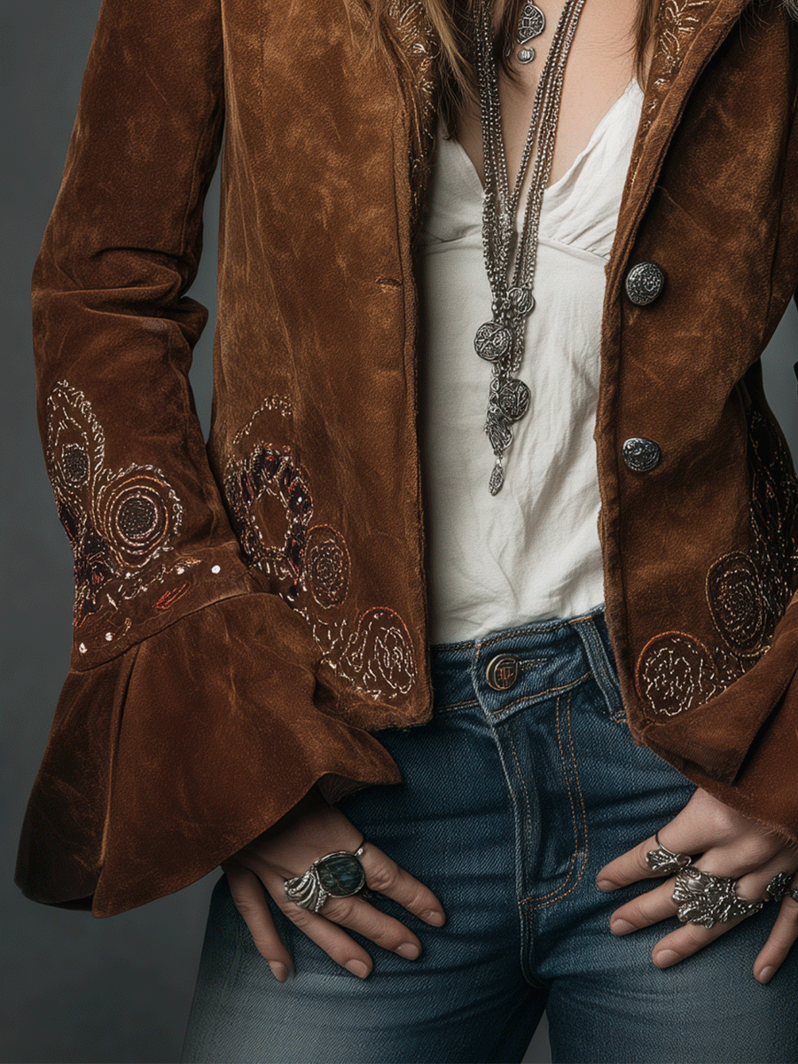 Vintage Brown Boho Embroidery Faux Suede Flared Sleeves Jacket
