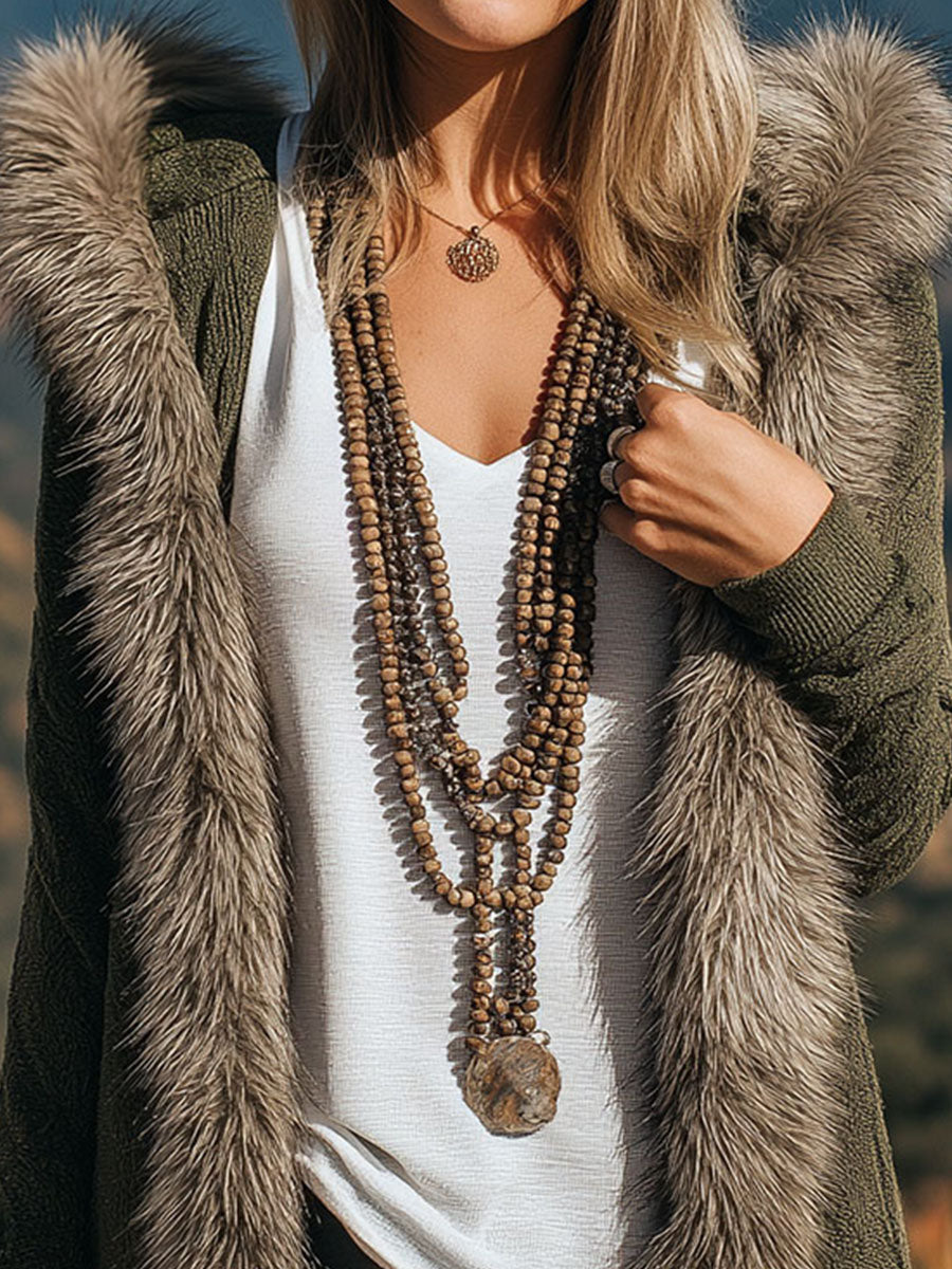 Chic Boho Hooded Eco Fur Trim Long Knit Sweater Coat