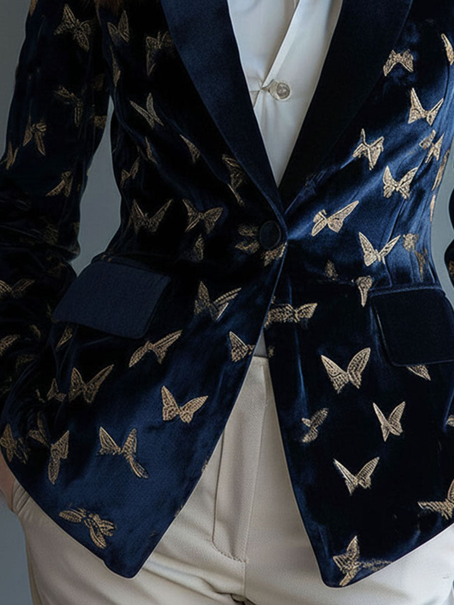 Vintage Navy Velvet Gold Butterfly Embroidered Blazer