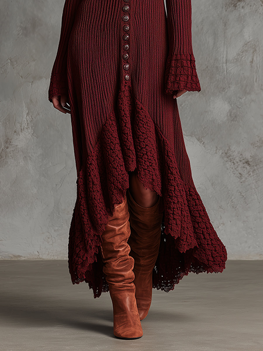 Vintage Luxe Lace-Edge Textured Knit Maxi Dress