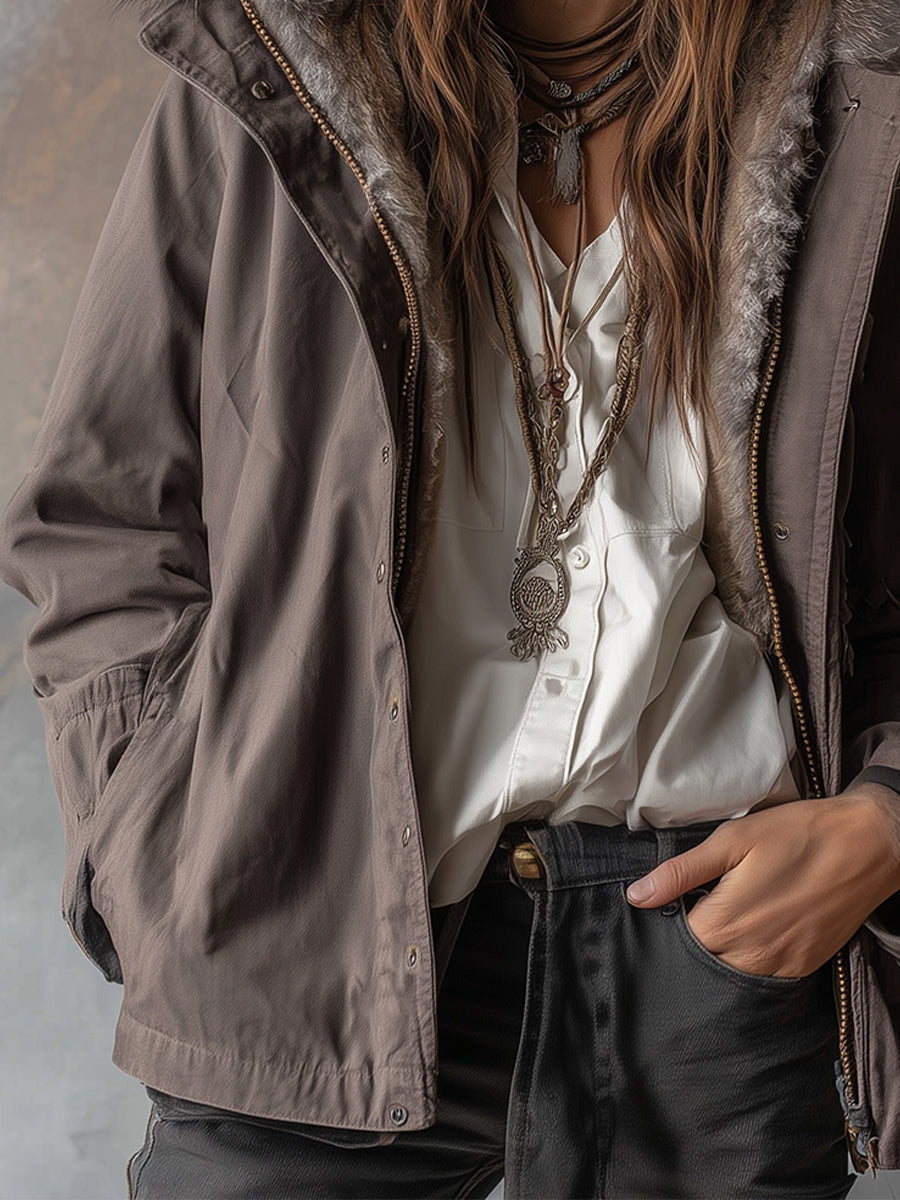 Casual Faux Fur-lined Washed Cotton Hooded Jacket