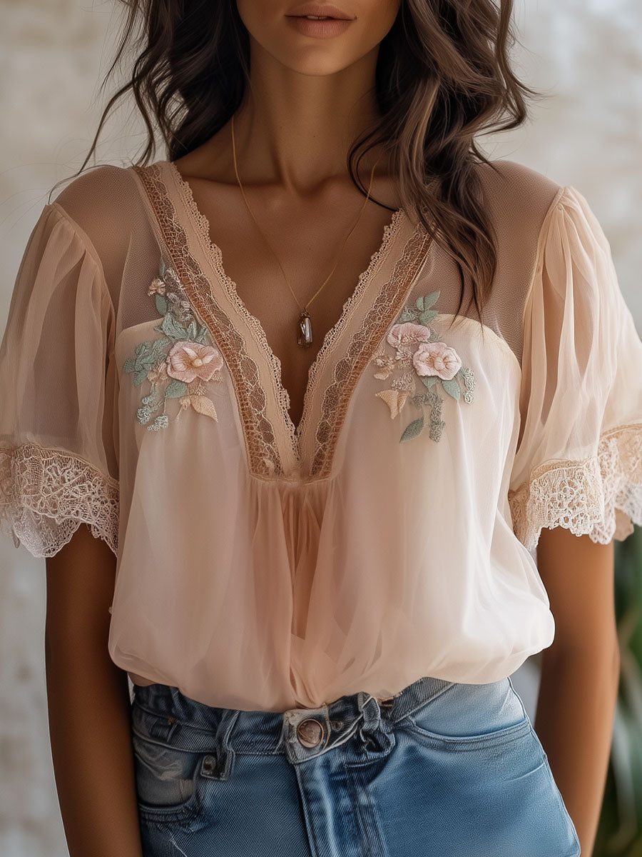 Boho Delicate Floral Embroidered Chiffon Blouse