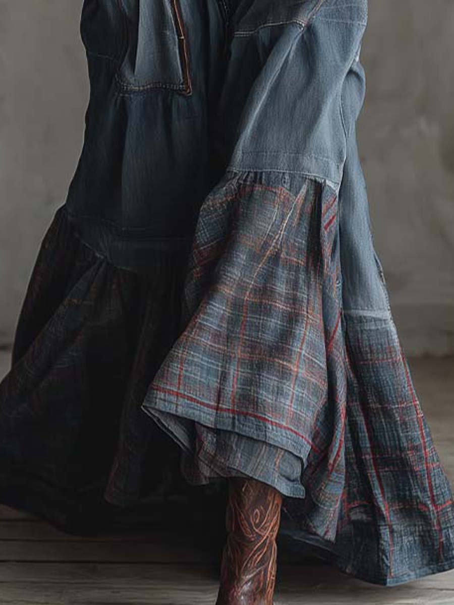 Denim Patchwork Maxi Dress With Plaid Hem