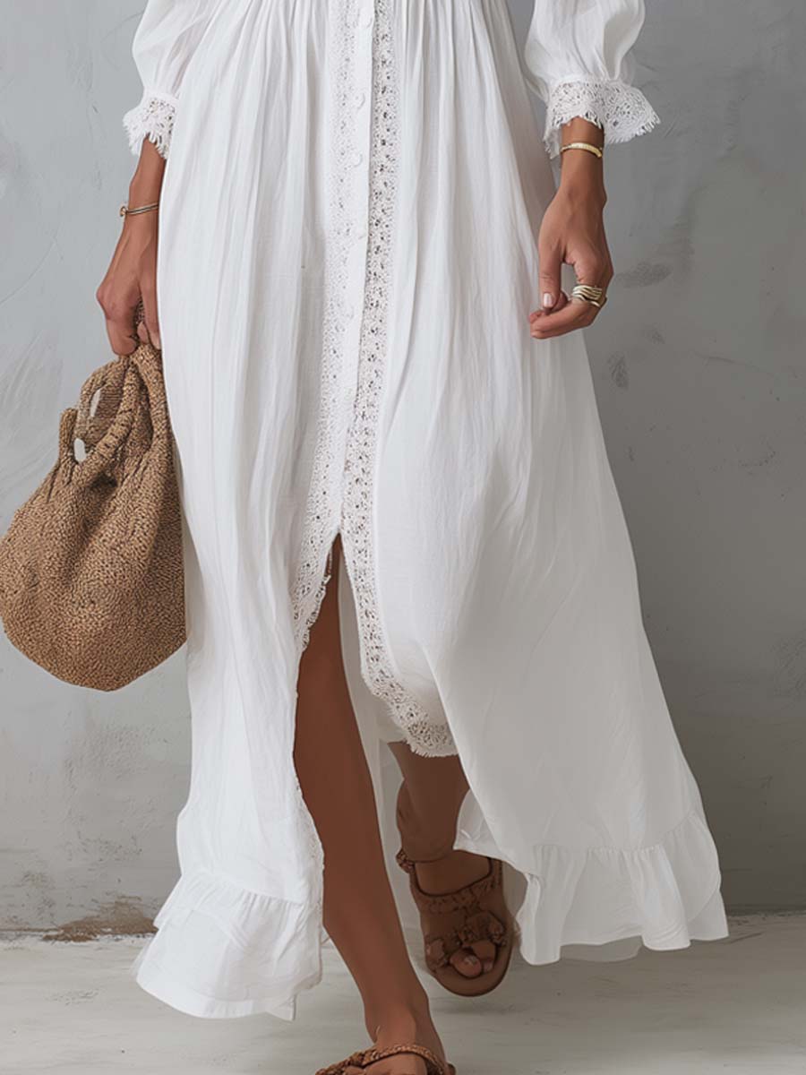 Vintage Cotton Linen Lace-trimmed Shirt Midi Dress