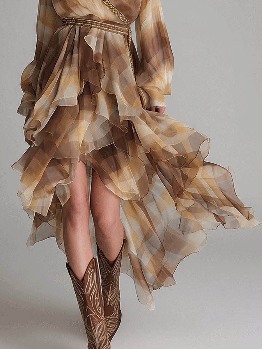 Casual V-Neck Multi-Layered Earth-Tone Check Ruffled Chiffon Midi Dress