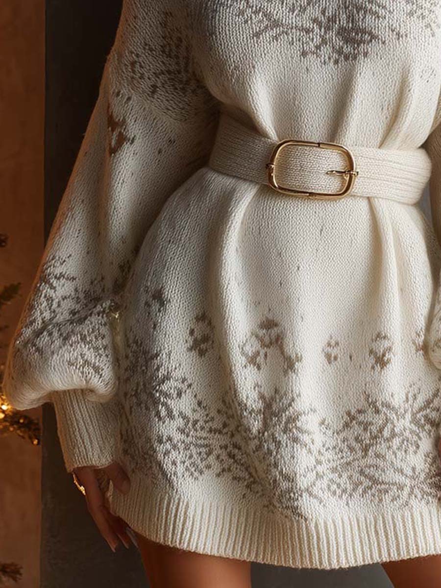 Snowflake Knit Sweater Dress With Belt
