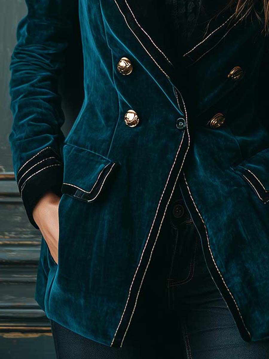 Elegant Polyester Velvet Blazer With Contrast Trim – Deep Teal