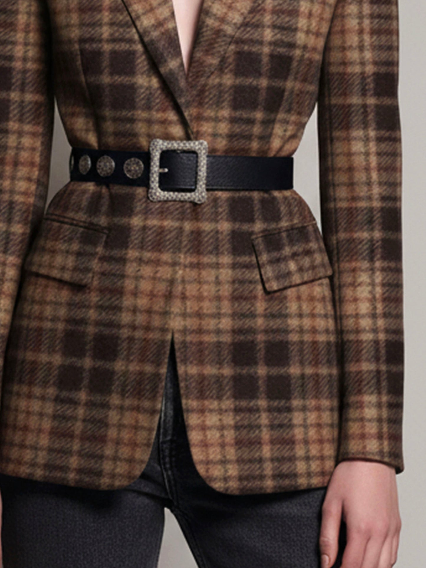 Classic Brown Plaid Woolen Structured Blazer