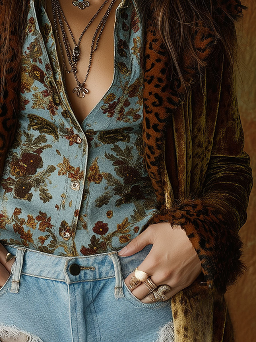 Retro Gold Velvet Leopard Print Stitching Blazer