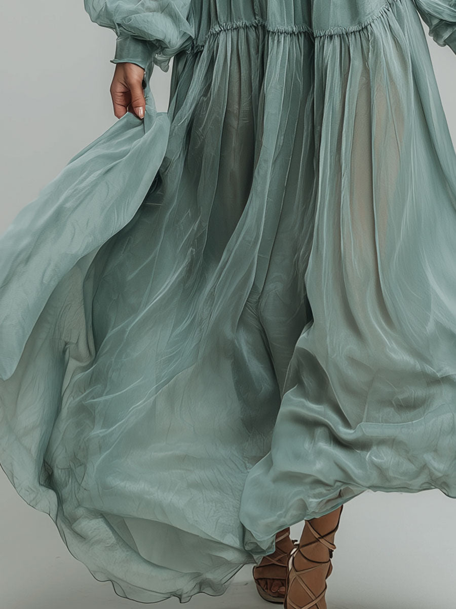 Retro Embroidered Chiffon Lantern Sleeve Maxi Dress