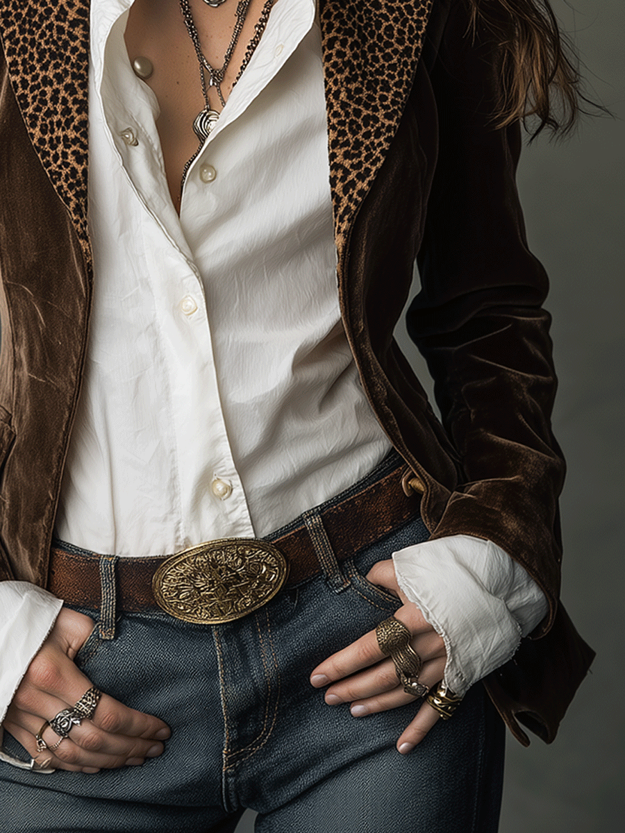 Boho Chocolate Velvet Leopard Lapel Blazer