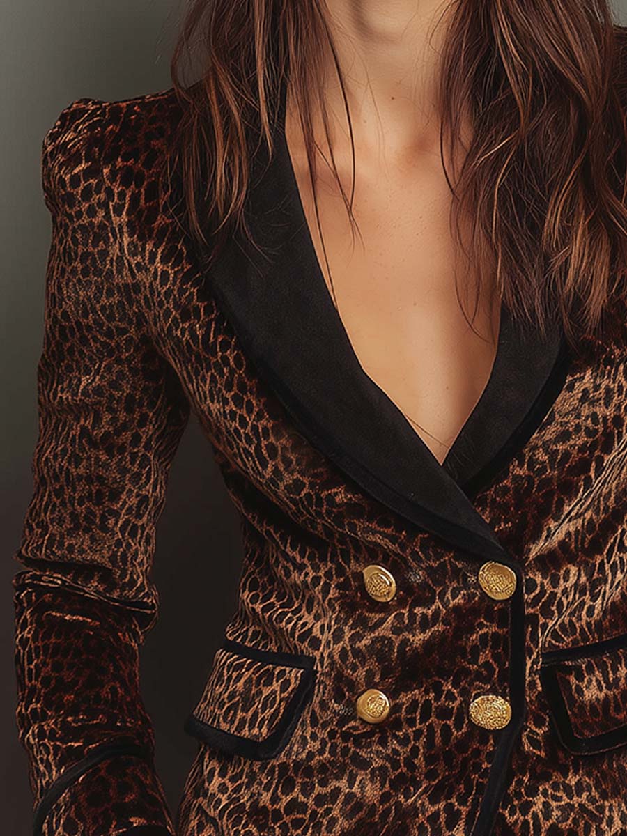 Classic Leopard Print Polyester Velvet Blazer - Amber Brown