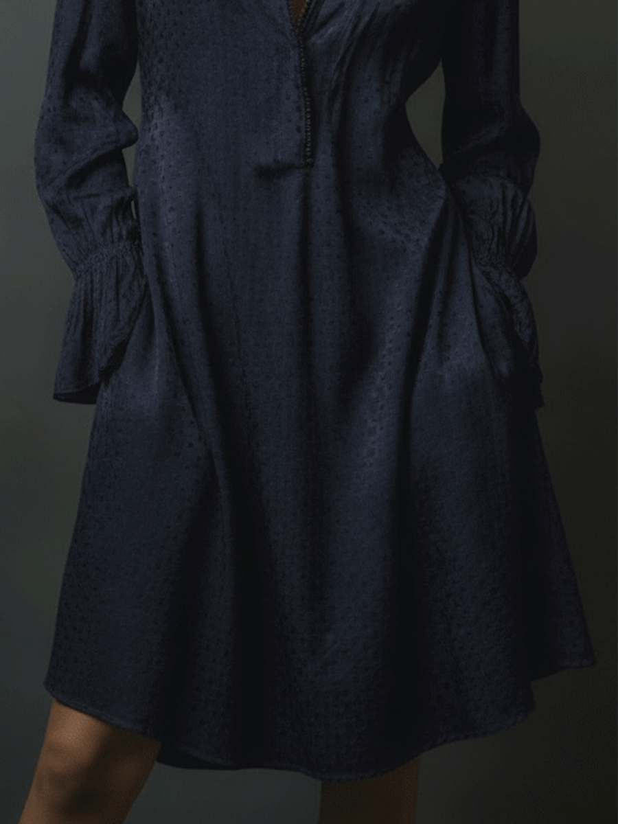 Elegant Navy Jacquard Long Sleeve A-Line Midi Dress