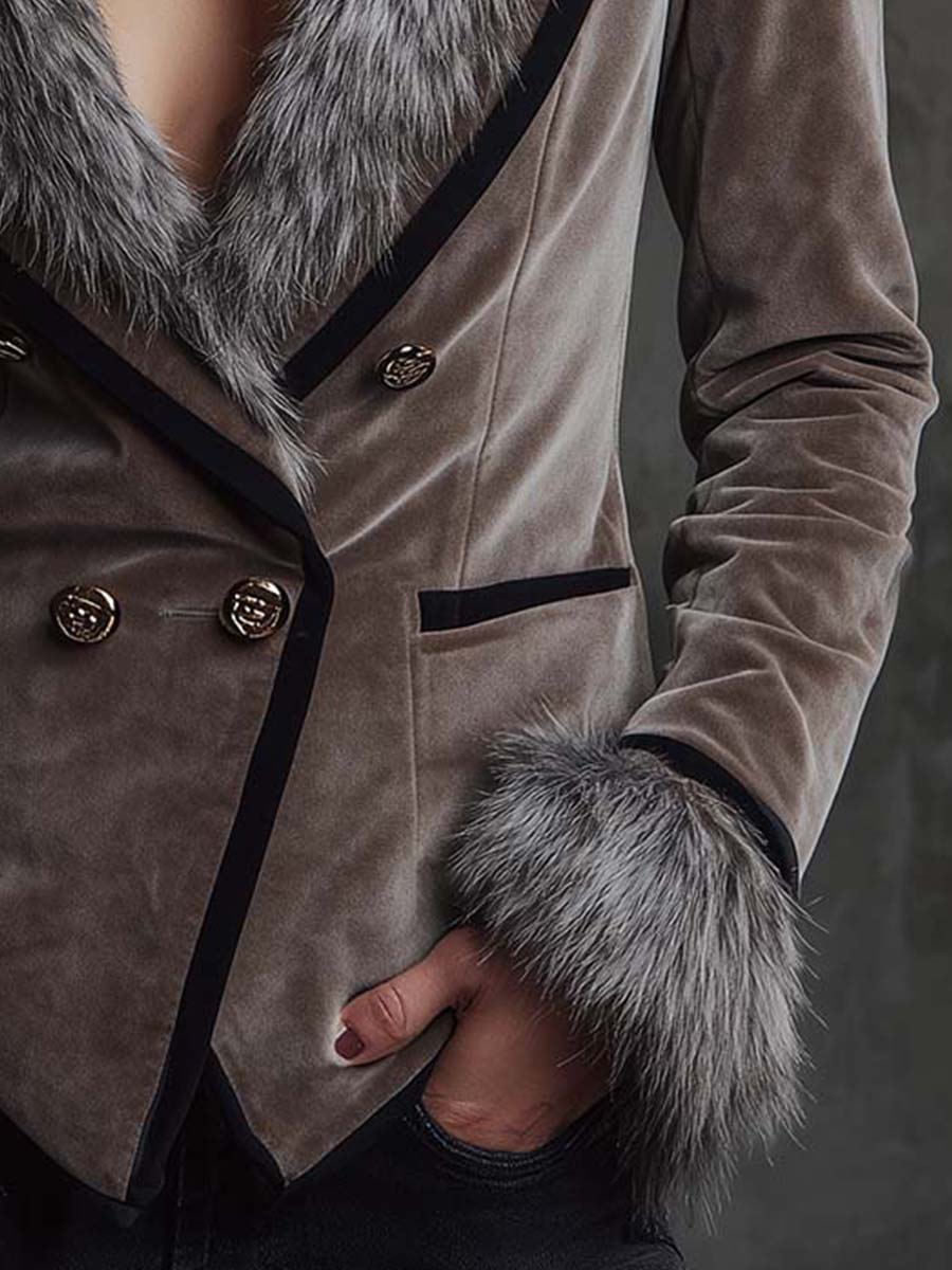 Polyester Velvet Double-Breasted Blazer With Faux Fur Collar & Cuffs