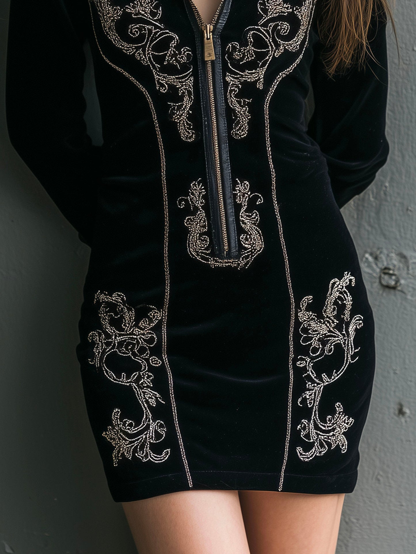 Vintage Black Velvet Embroidered Zip Dress With Eco Leather Collar