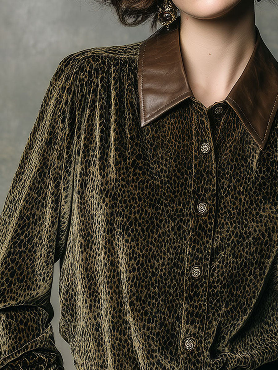 Vintage Leather Collar & Cuffs Leopard Print Velvet Button-Up Shirt