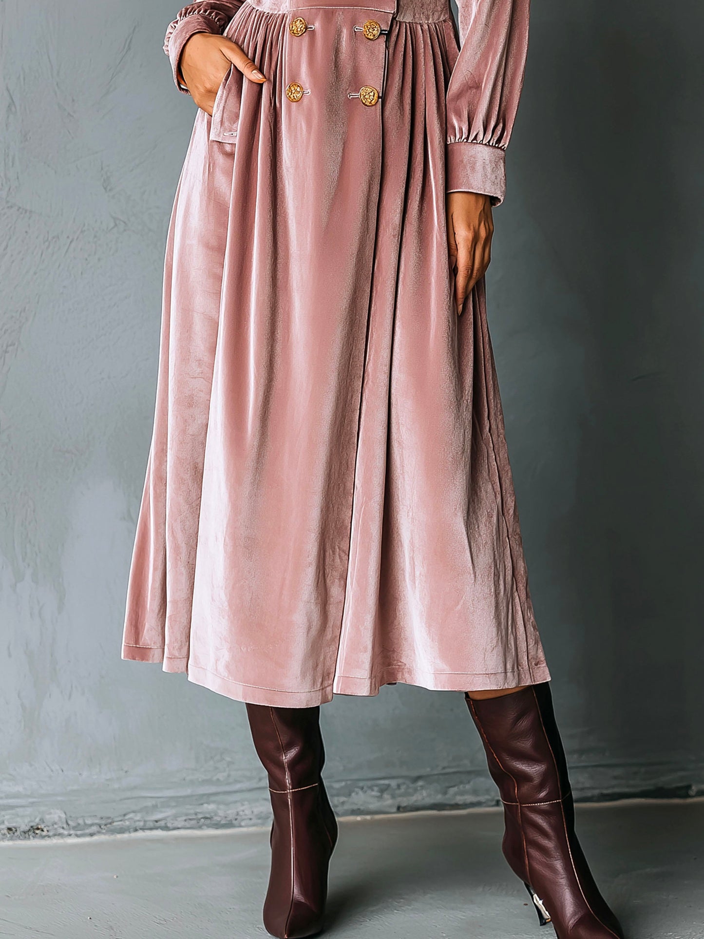 Elegant High Collar Duusty Pink Velvet Doulbe-breasted Midi Dress