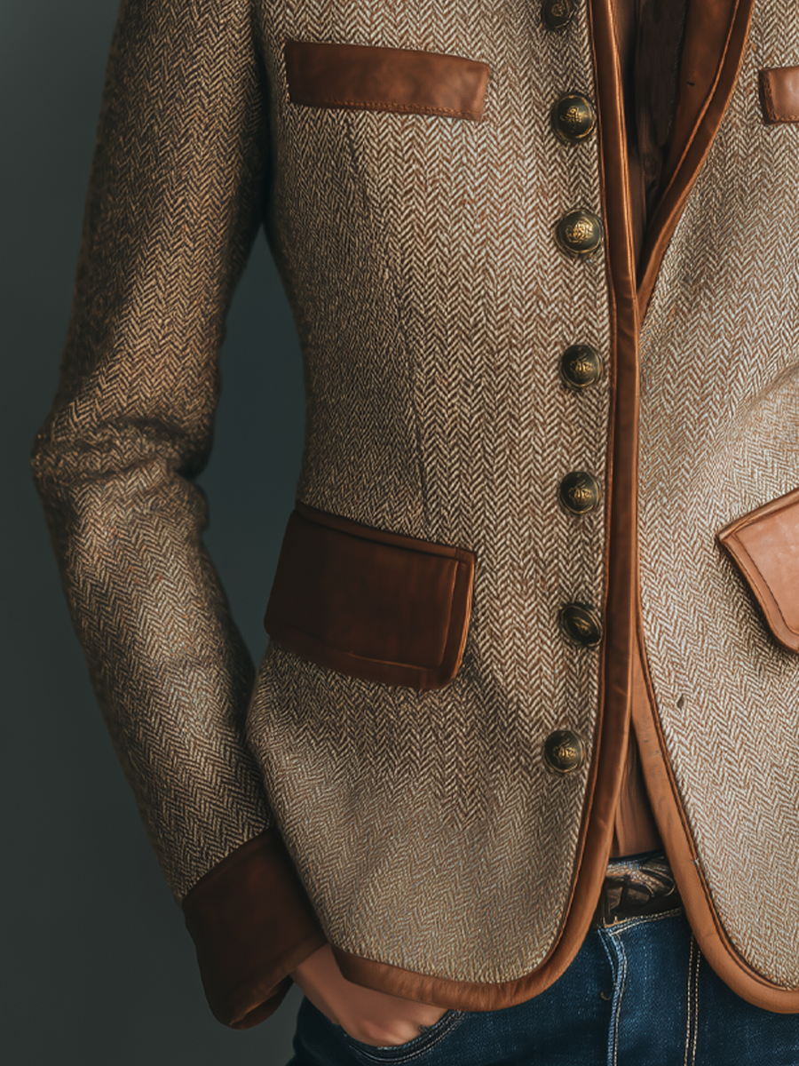 Vintage Eco-Leather Trim Pocket Tweed Jacket
