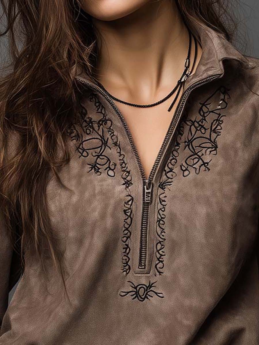 Vintage-Inspired Taupe Suede Embroidered Zip Top