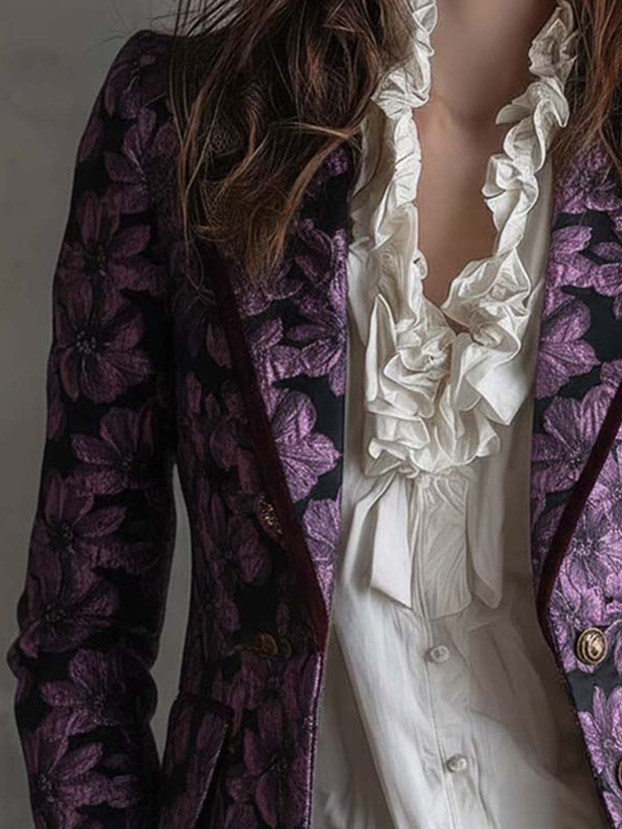 Purple Jacquard Velvet Blazer With Vintage Gold Buttons
