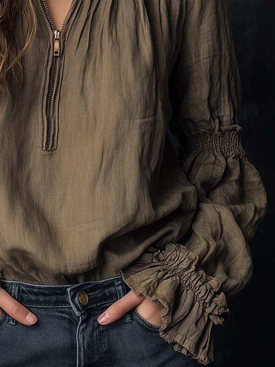 Boho Ruffled Cuff Half-Zip Blouse