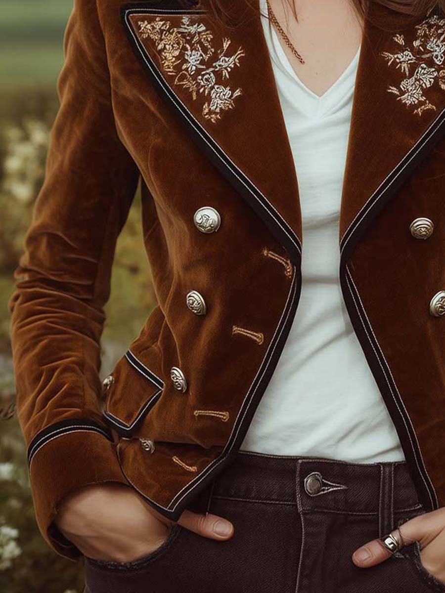 Caramel Velvet Embroidered Lapel Double-Breasted Jacket