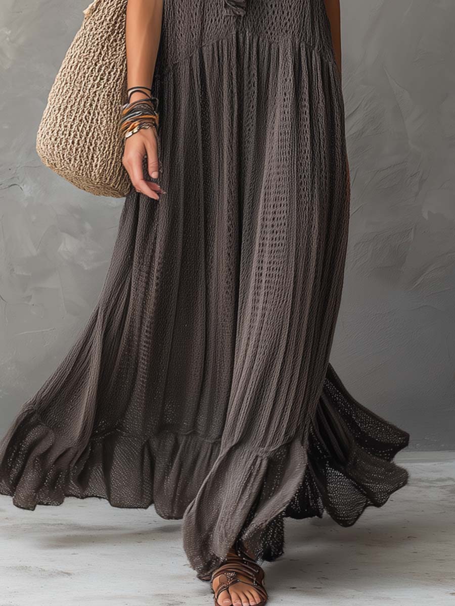 Vintage Ruffled Collar Flare Hem Sleeveless Knitted Maxi Dress