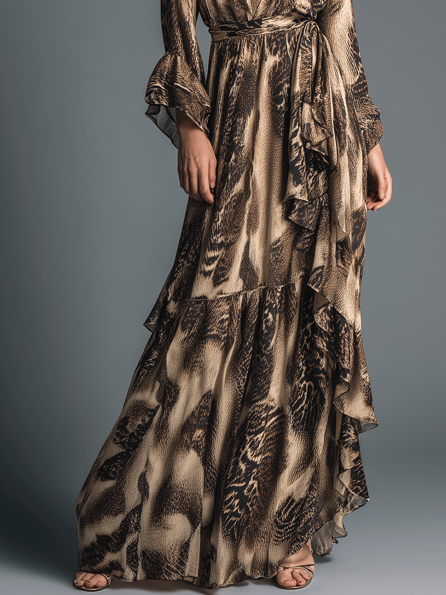 Elegant Printed Chiffon Ruffle Details Maxi Dress