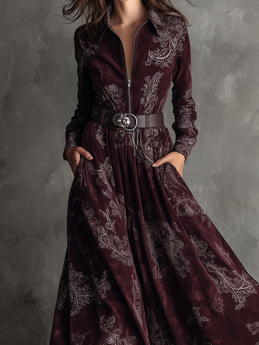 Bohemian Suede Printed Front Zip Maxi Dress