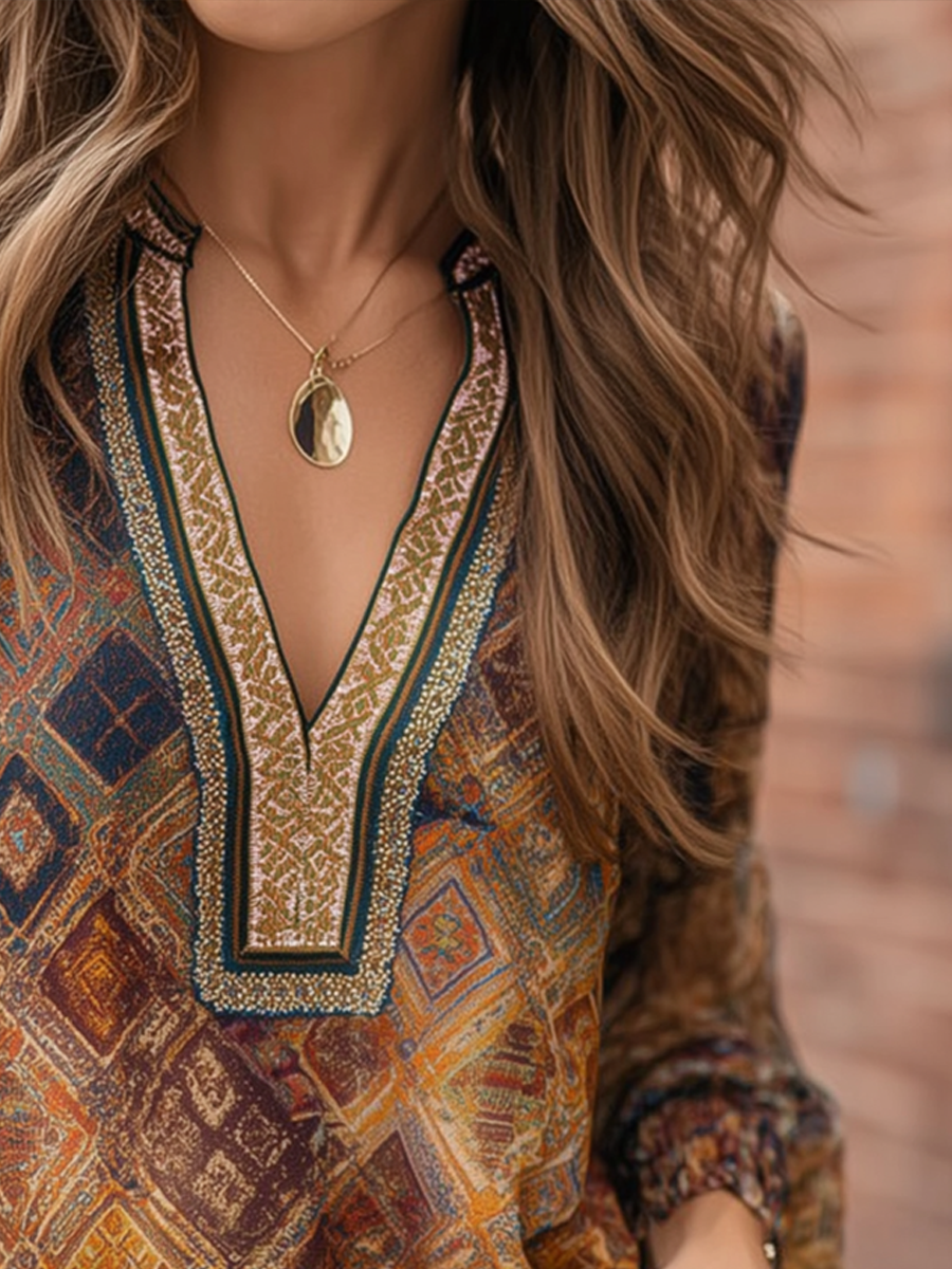 Retro Colorful Diamond Long-sleeved Blouse