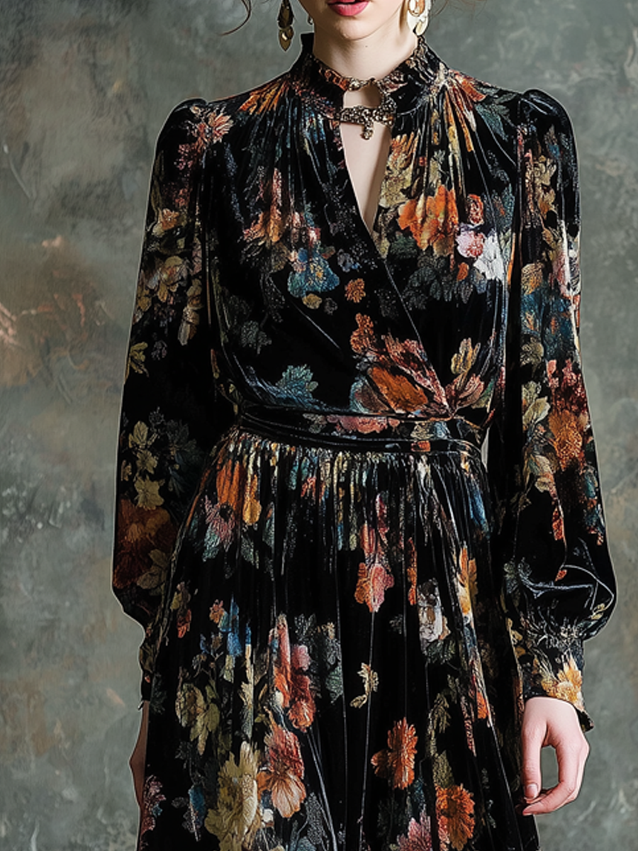 Retro Floral Round V Neck Velvet Midi Dress